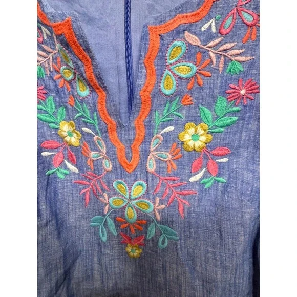Talbots Embroidered Linen Cotton Chambray Shift Dress Size 2 Floral Embroidered - Picture 7 of 8